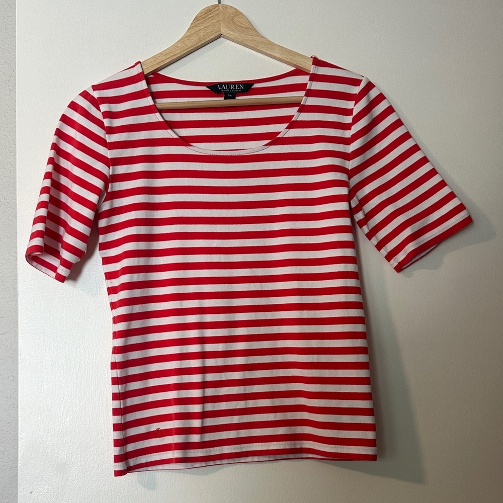 Lauren Ralph Lauren Red and White Striped Scoop Neck Short Sleeve Top